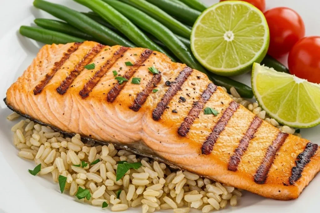 Grilled Salmon with Rice and Green Beans Calories