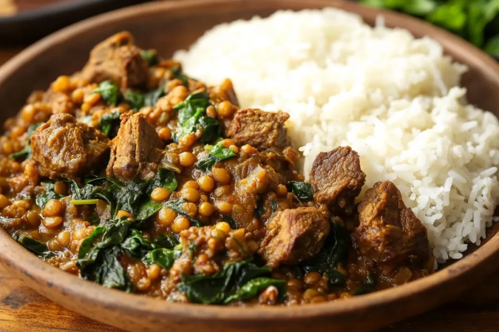 lebonese lamb lentils rice spinach recipe