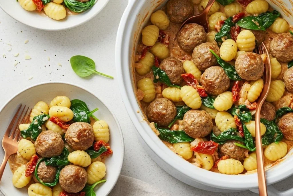 slow cooker tuscan chicken meatballs with gnocchi