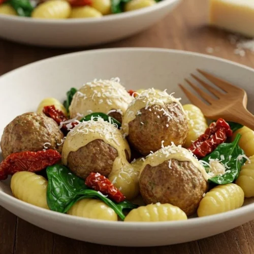 slow cooker tuscan chicken meatballs with gnocchi