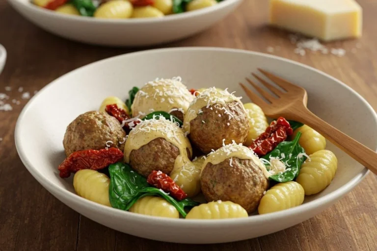 slow cooker tuscan chicken meatballs with gnocchi